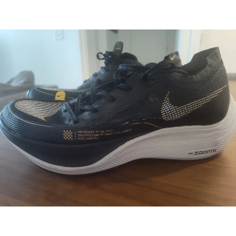 Nike ZoomX Vaporfly Next% 2 Black Gold Running Shoes CU4123-001 Womens 9.5